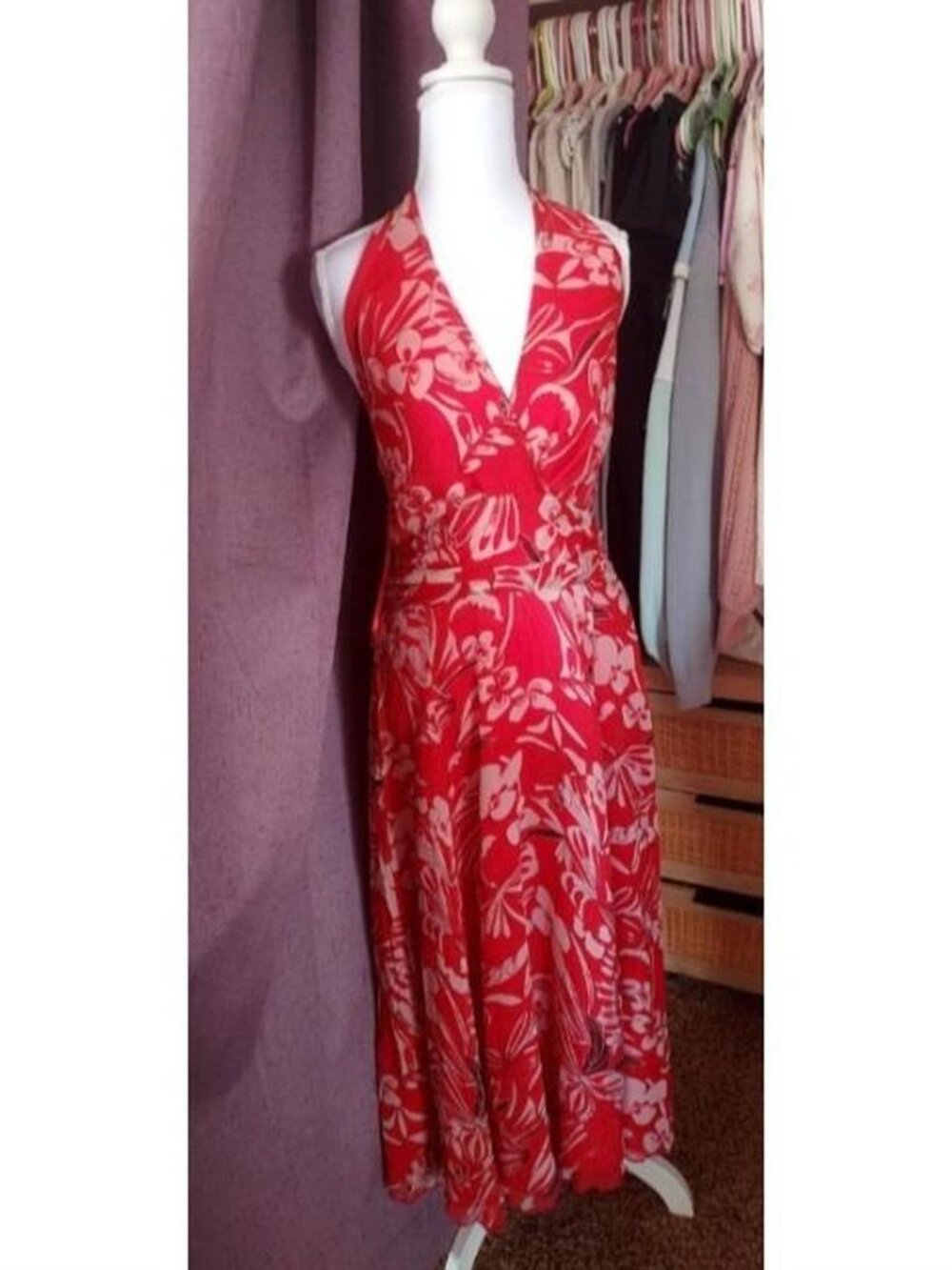 Y2K Silk Red & white floral midi dress
